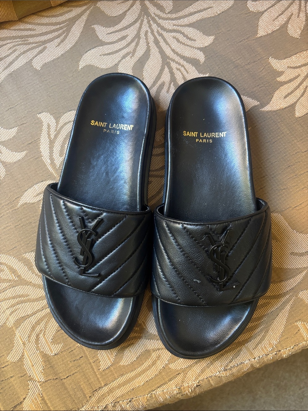 Saint Laurent Black Quilted YSL Logo Slide Sandals